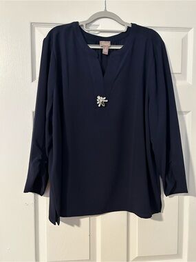 Chico's Navy Long-Sleeve Tunic with Decorative Brooch